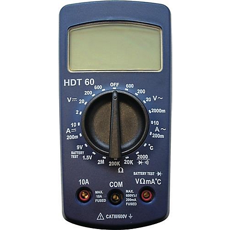 Un multimètre bleu avec cadran, écran LCD et prises de connexion.