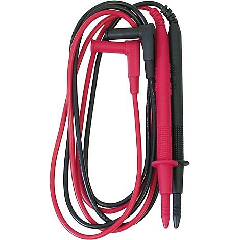 Un cordon de test de multimètre rouge et noir, enroulé et avec des pointes de test.