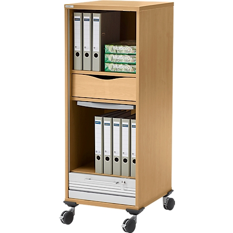 Houten rolcontainer met mappen, papier en laden. Rollen aan de onderkant. Glazen voorkant.