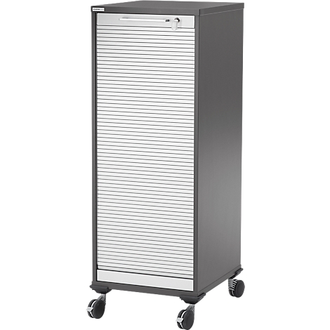 Grijze rolcontainer op wielen, lamellendeuren open. Een handgreep en een slot zijn zichtbaar.