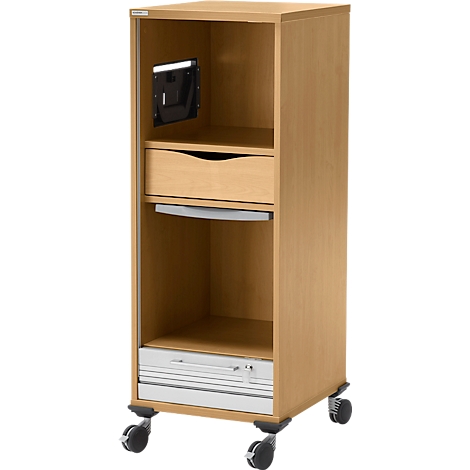 Beigefarbener Schrank mit Schubladen, Rollen und einer Halterung für ein Gerät.