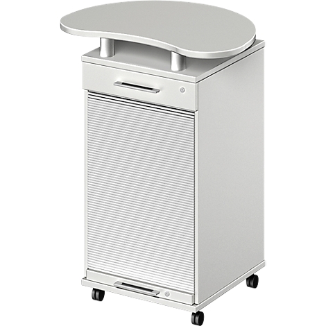 Weißer Rollcontainer mit geschwungener Ablage, Rollladen und Rollen.