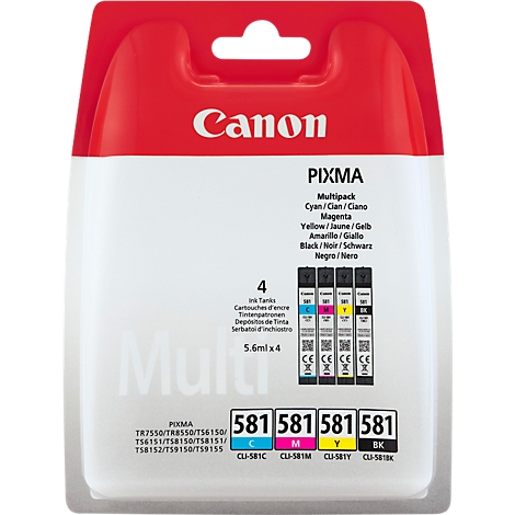 Pack de quatre cartouches d'encre. Texte : Canon, PIXMA, Cyan, Magenta, Jaune, Noir.