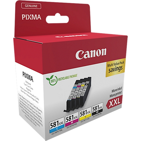 Produktverpackung der Marke Canon Pixma. Die Packung enthält XXL Tintenpatronen, beschriftet mit den Farben Cyan, Magenta, Gelb und Schwarz.