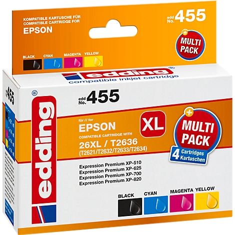Paquet de cartouches d'encre Edding pour imprimantes Epson. Texte : 455, compatible avec 26XL/T2636.