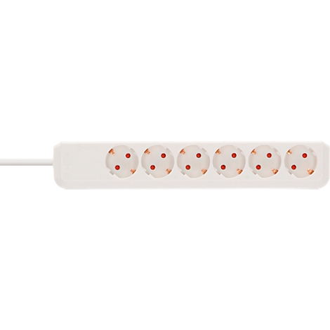 Multiprise blanche avec six prises, marquées de points rouges.