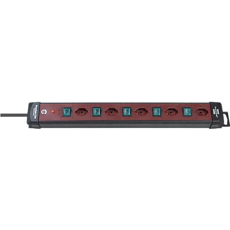 Une multiprise noire avec six prises vertes et un écran lumineux rouge.