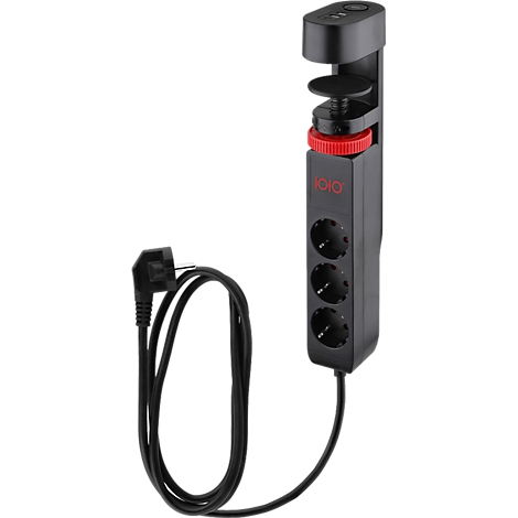 Multiprise noire avec 3 prises et un cadran rouge. Le câble noir se termine par une prise.