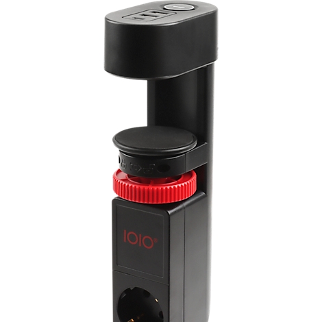 Adaptateur d'alimentation noir avec bouton rotatif rouge et logo "1010" en rouge.