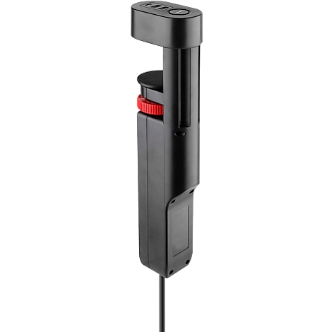 Appareil noir, oblong. Boutons en haut, anneau rouge en bas. Raccordement par câble.