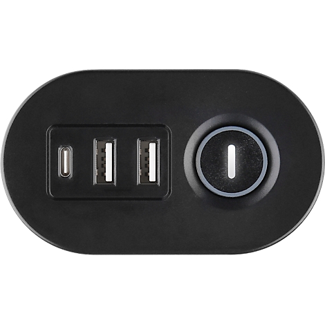 Panneau de commande noir et ovale avec ports USB et un bouton marche/arrêt. Un port USB-C et deux ports USB-A.