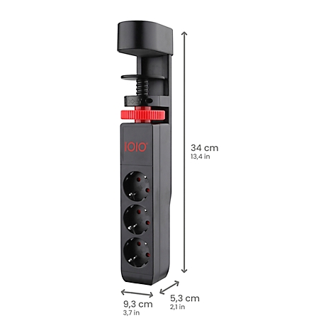 Multiprise noire avec bouton rouge et trois prises. Les dimensions sont indiquées.