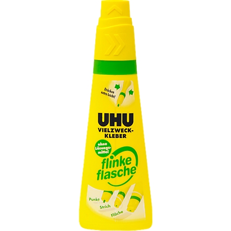 Yellow UHU all-purpose glue bottle, with green cap and green accents, with text.