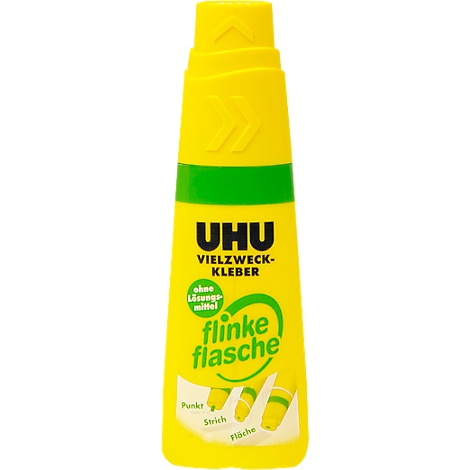 Yellow UHU multi-purpose glue bottle with green accents, lettering and pictograms.
