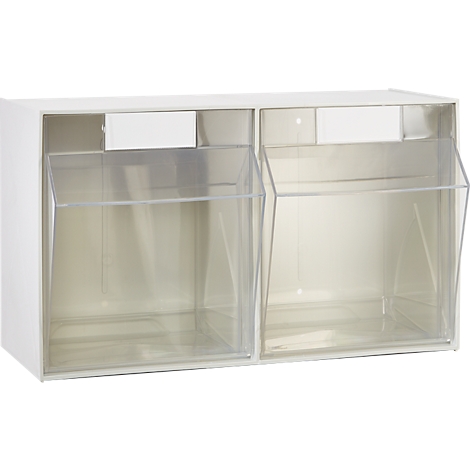 Witte, tweedelige wandplank met transparante kantelcompartimenten. Bovenaan staat een wit bord.