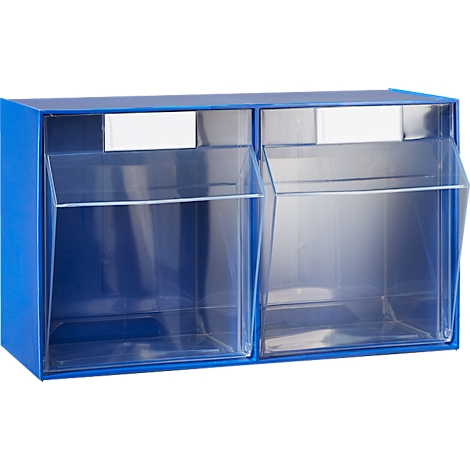 Blauwe wandhouder met twee transparante compartimenten. Bovenste compartimenten met witte labels. Naar voren gekanteld.