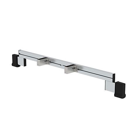 Aluminium profiel met zwarte eindstukken en beugels. Op een witte achtergrond.