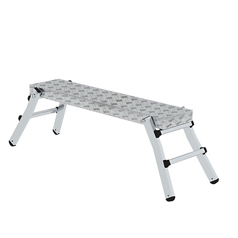 Aluminium-Arbeitsbühne, ausziehbar. Geriffelte Oberfläche, zusammenklappbare Beine, schwarze Gelenke.