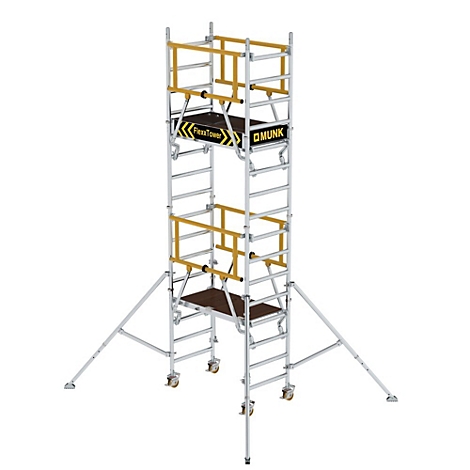 Metal scaffolding tower with yellow elements on a white background. FlexTower lettering.