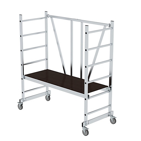 Scaffolding with wheels, silver metal frame and dark platform. The scaffolding is designed for working at height.