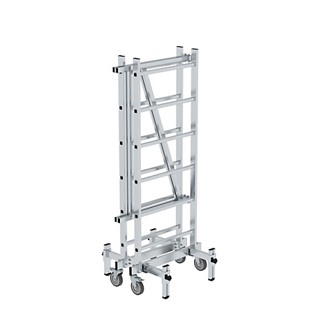 A silver scaffold with wheels, which is folded.