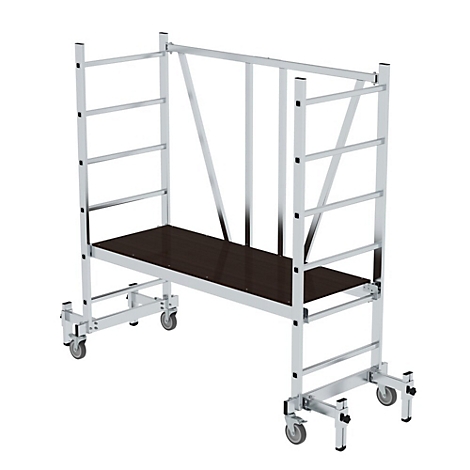 A silver rolling scaffold stands against a white background. It has a dark platform and is equipped with wheels.