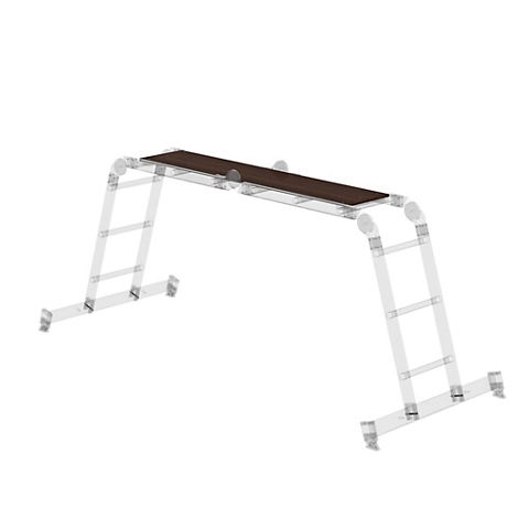 Steiger met bruin loopvlak en zilveren ladders.