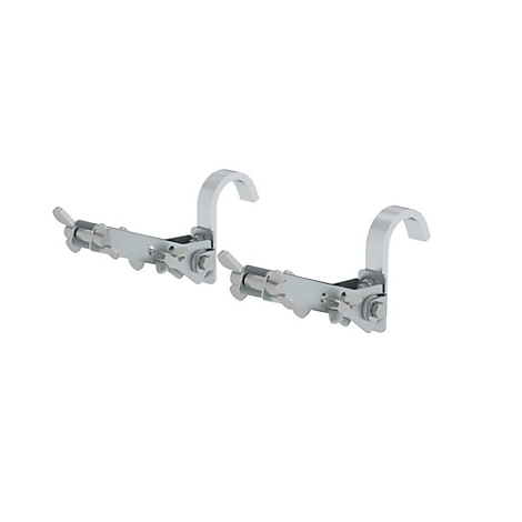 Twee zilveren metalen haken met schroeven en hendels, geplaatst op een witte achtergrond.
