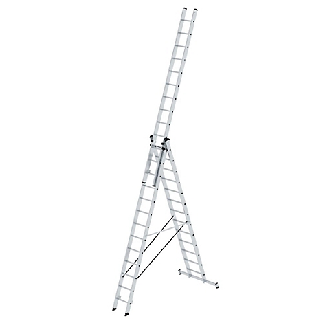 Een zilveren ladder, deels opgesteld als een aanleadder en deels als een trap, tegen een witte achtergrond.