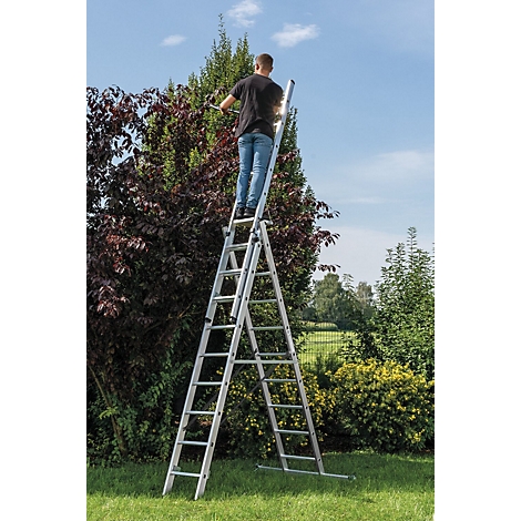 Een man staat op een zilveren ladder en snoeit een heg. De ladder staat in de tuin onder een blauwe hemel.