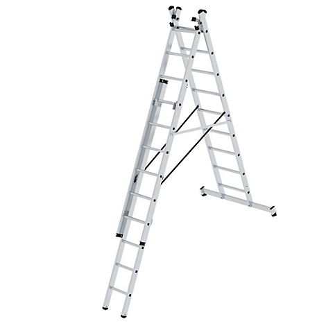 Multifunctionele metalen ladder in A-vorm. Eén deel is uitgeklapt.