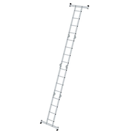 Een zilveren, uitschuifbare ladder tegen een witte achtergrond. Het bovenste deel is breder dan het onderste.
