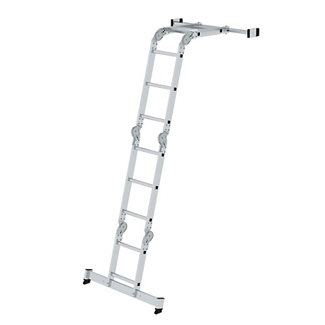 Een zilverkleurige, veelzijdige ladder, deels rechtop, deels horizontaal. Het ontwerp maakt verschillende configuraties mogelijk.