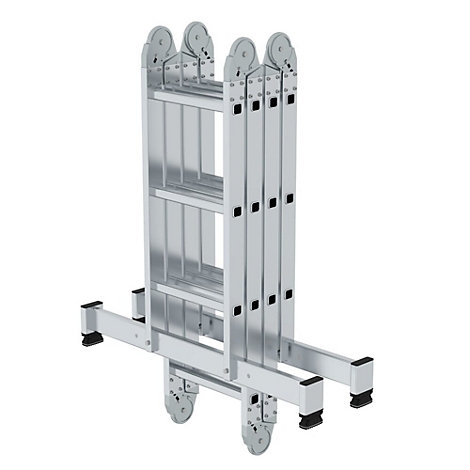 Multifunctionele ladder van aluminium. De ladder is opgevouwen en gedeeltelijk uitgeschoven, klaar voor gebruik.