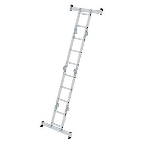 Grijze multifunctionele ladder op een witte achtergrond, diagonaal weergegeven.