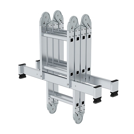 Multifunctionele aluminium ladder, uitgevouwen, met wielen en zwarte rubberen voeten.
