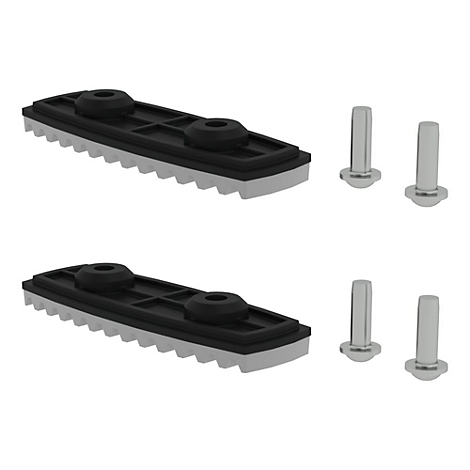 Deux blocs rectangulaires noirs avec des bords gris et deux élévations rondes noires. En outre, quatre vis argentées.
