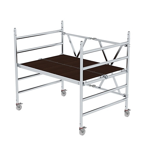 Scaffolding with brown work surface and wheels on a white background.