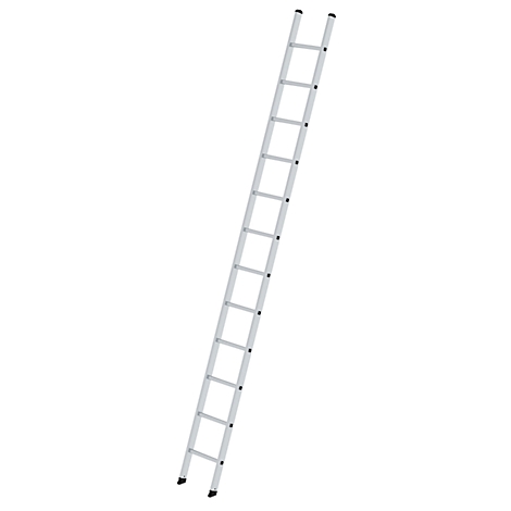 A silver ladder standing diagonally upwards against a white background.