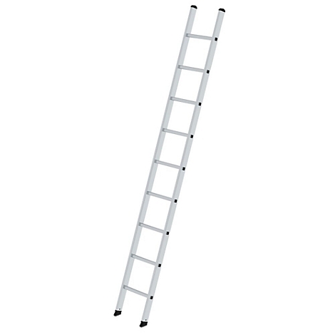 An aluminum ladder is tilted on a white background. Black rubber feet and caps.