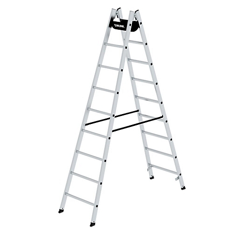 Aluminium vouwladder in A-vorm, zwarte stutten en bovenste verbindingsstuk, witte achtergrond.