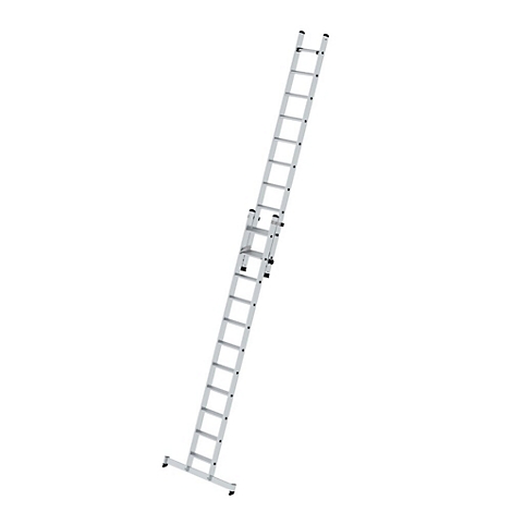 Ausziehbare Aluminiumleiter vor weißem Hintergrund. Sie steht schräg und ist voll ausgezogen.