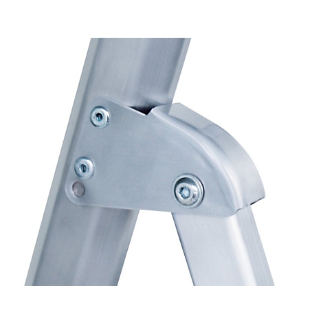 Close-up van een zilveren ladderverbinding met schroeven.