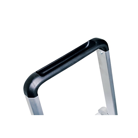 Zwarte, gebogen handgreep op een metalen constructie.