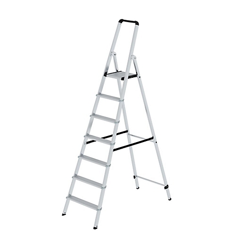 Zilveren metalen ladder, zeven treden, zwarte handgreep.
