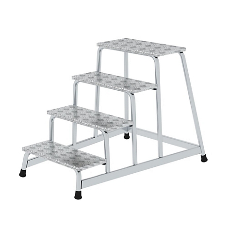 Vier-traps metalen trap met antislip oppervlak. De trap heeft een zilveren frame en zwarte rubberen voetjes.