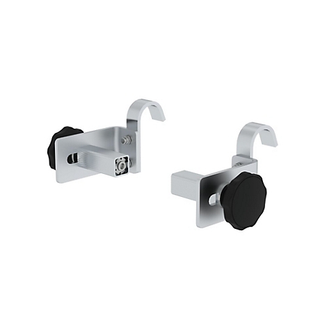 Twee zilveren metalen haken met zwarte knoppen.