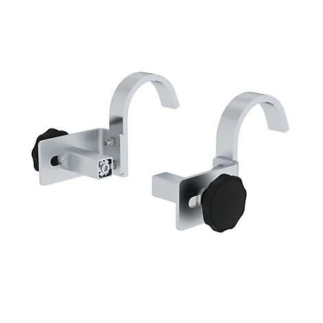 Twee metalen beugels met gebogen haken en zwarte knoppen.