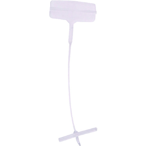 Een wit prijskaartje in T-vorm. Het bestaat uit een plat, rechthoekig deel aan de bovenkant en een lange, dunne steel.