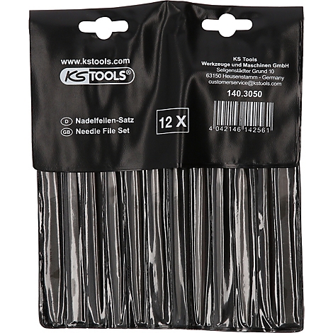 Schwarze Verpackung mit 12 Nadelfeilen-Satz von KS TOOLS, Text: Nadelfeilen-Satz, Needle File Set.